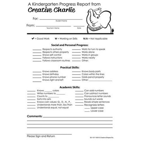 CREATIVE SHAPES ETC Kindergarten Progress Report Notes From Creative Charlie SE-1017